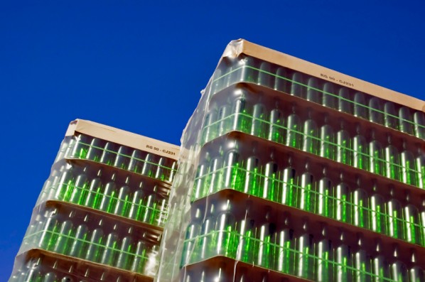 Stack of green glass bottles